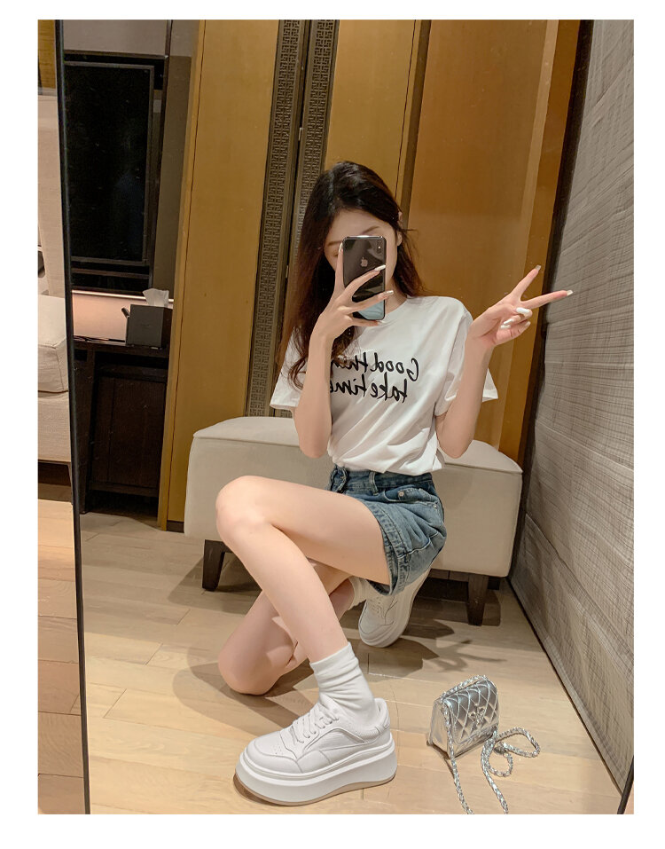 2025 New Thick Bottom round Toe Heightening Korean Style White Casual Board Shoes Women's Sneakers Lace-Up Sports Genuine Leather · v6