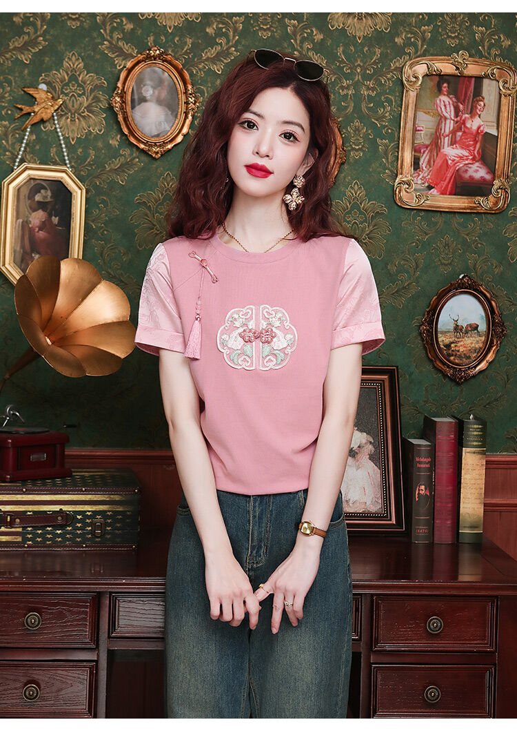 New Summer Chinese Style Women's Loose Fit Short Sleeve T-Shirt Embroidered Slimming Top Trendy round Neck Cotton Casual Wear · v3