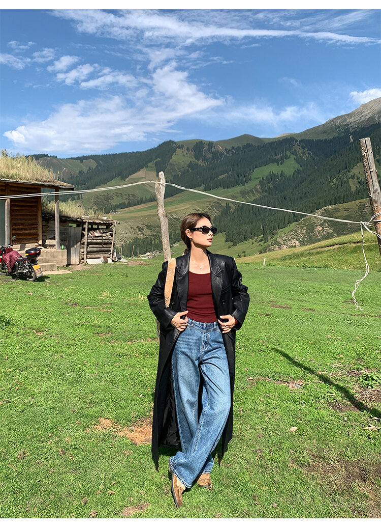 Chenmi Fan Blau Jeans mit hoher Taille und weitem Bein für Damen Herbst Neu Locker lässige gerade Hosen Hoch aussehende lange Hosen