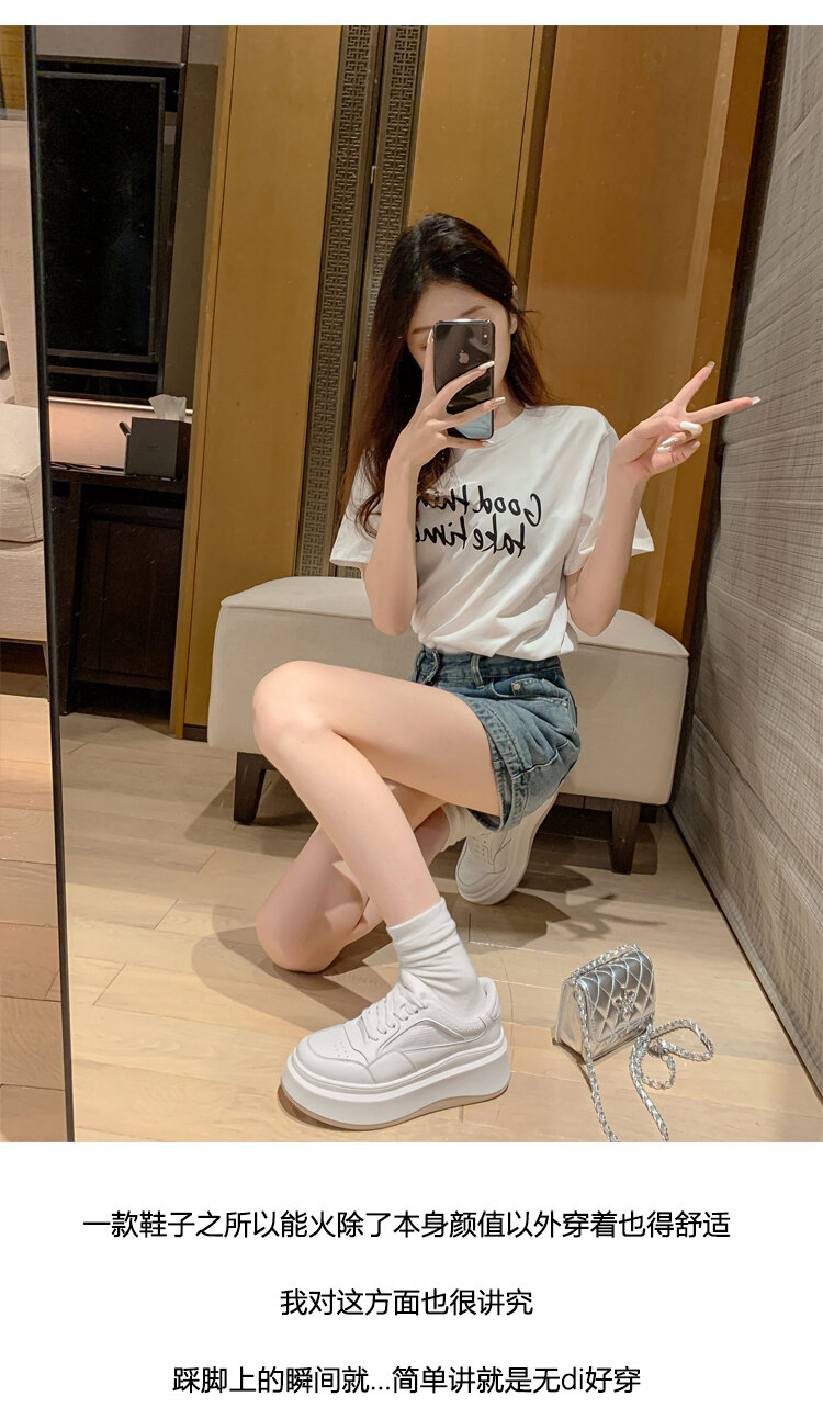 2025 New Thick Bottom round Toe Heightening Korean Style White Casual Board Shoes Women's Sneakers Lace-Up Sports Genuine Leather · v6