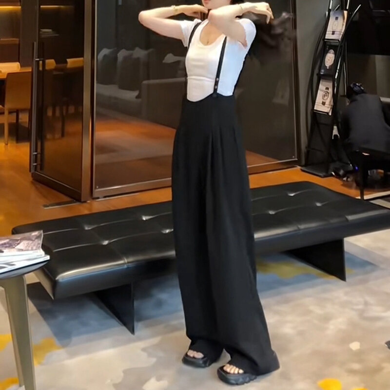 Summer Ice Silk Drape Casual Wide Leg Pants Women's High Waist Black Straight Cut Suit Trousers Comfortable Fashion plus Size