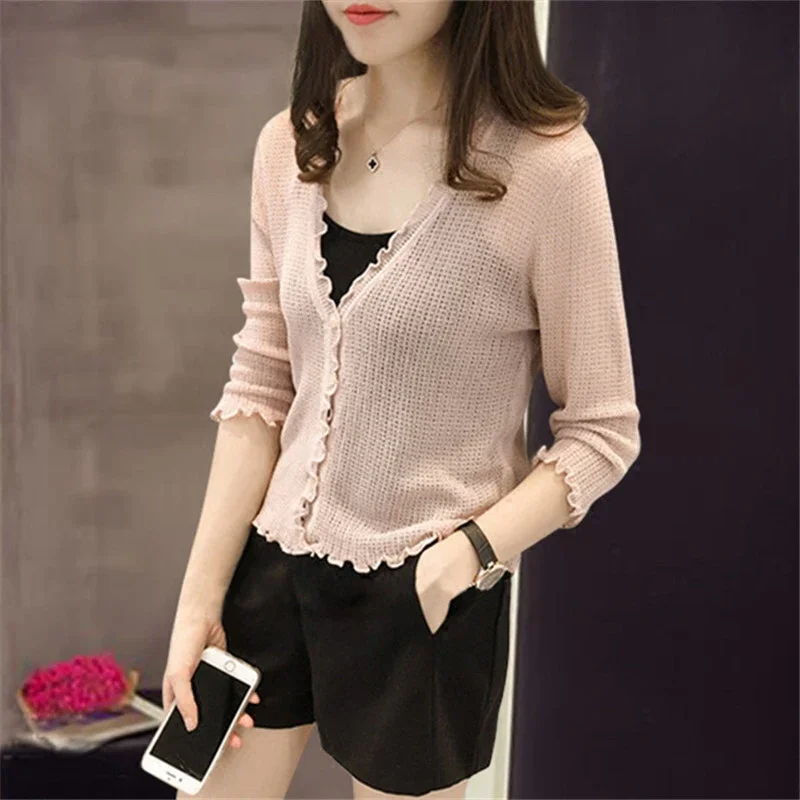 Ice Silk Knitted Air Conditioning Shirt Cardigan Women's Summer Seven-Tenth Sleeve Shawl Sun Protection Clothes Thin Coat Spring and Autumn Short Hollow-Out Outer Wear