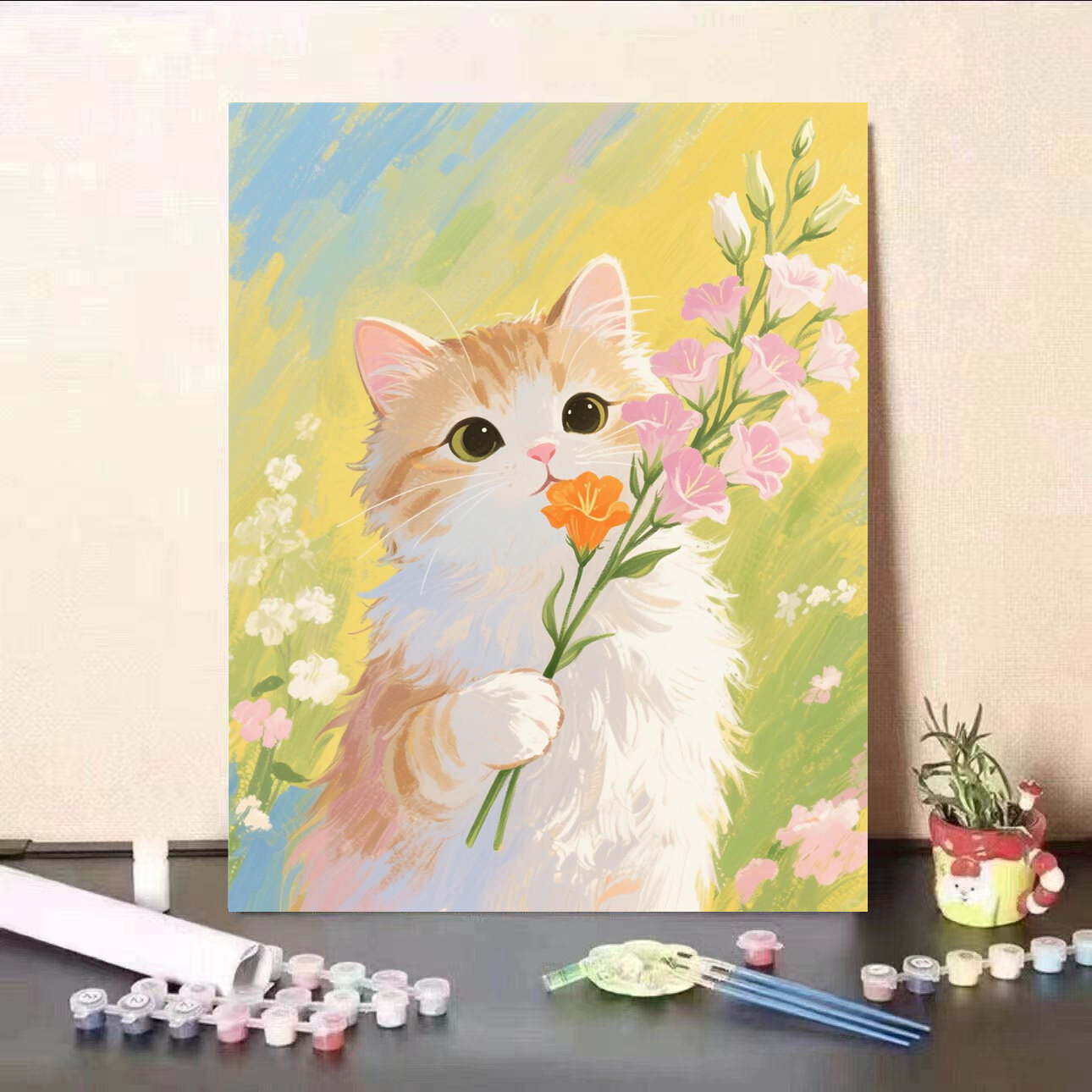 Healing Cute Cat Landscape Acrylic Painting by Numbers DIY Coloring Canvas Home Decor Simple Easy to Follow Animal Artwork