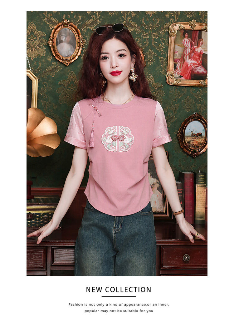 New Summer Chinese Style Women's Loose Fit Short Sleeve T-Shirt Embroidered Slimming Top Trendy round Neck Cotton Casual Wear · v3