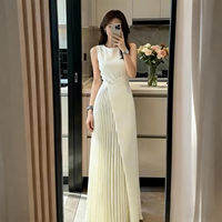 XUECAIQI | Waist-Cinching Pleated Stitch Sleeveless Slim Long Dress