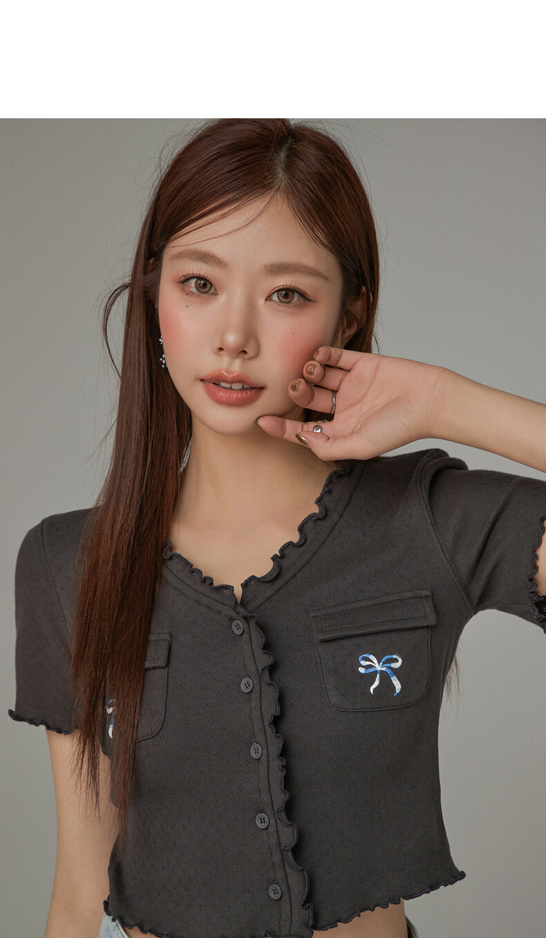 Chuu Butterfly Knot Embroidery Short Sleeve T-Shirt Women's New Summer Spicy Hollow out Ear Short Top Korean Style Cotton V-neck