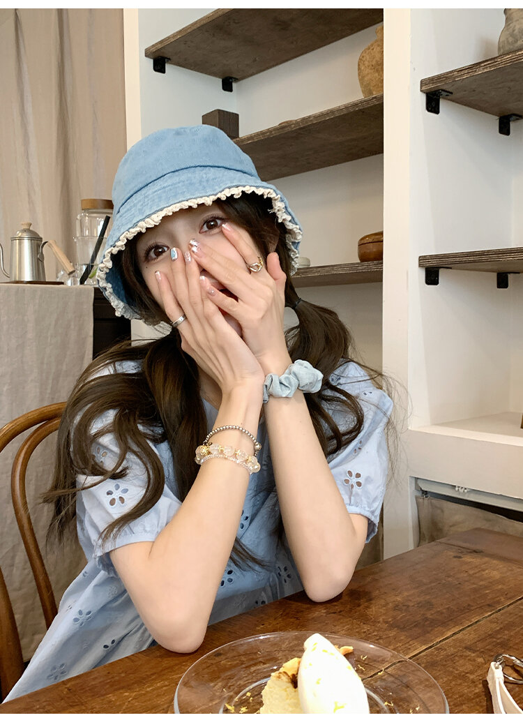 FF BLUE Summer Sunlight Cotton Embroidered Shirt Loose Short Sleeve Women's Casual Style round Neck Casual Fit Short Sleeve Top