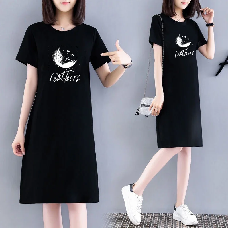 Fat Girl Large Size Slimming Versatile T-shirt Skirt Dress T-shirt Mid-Length Long Dress Lazy Summer Top for Women