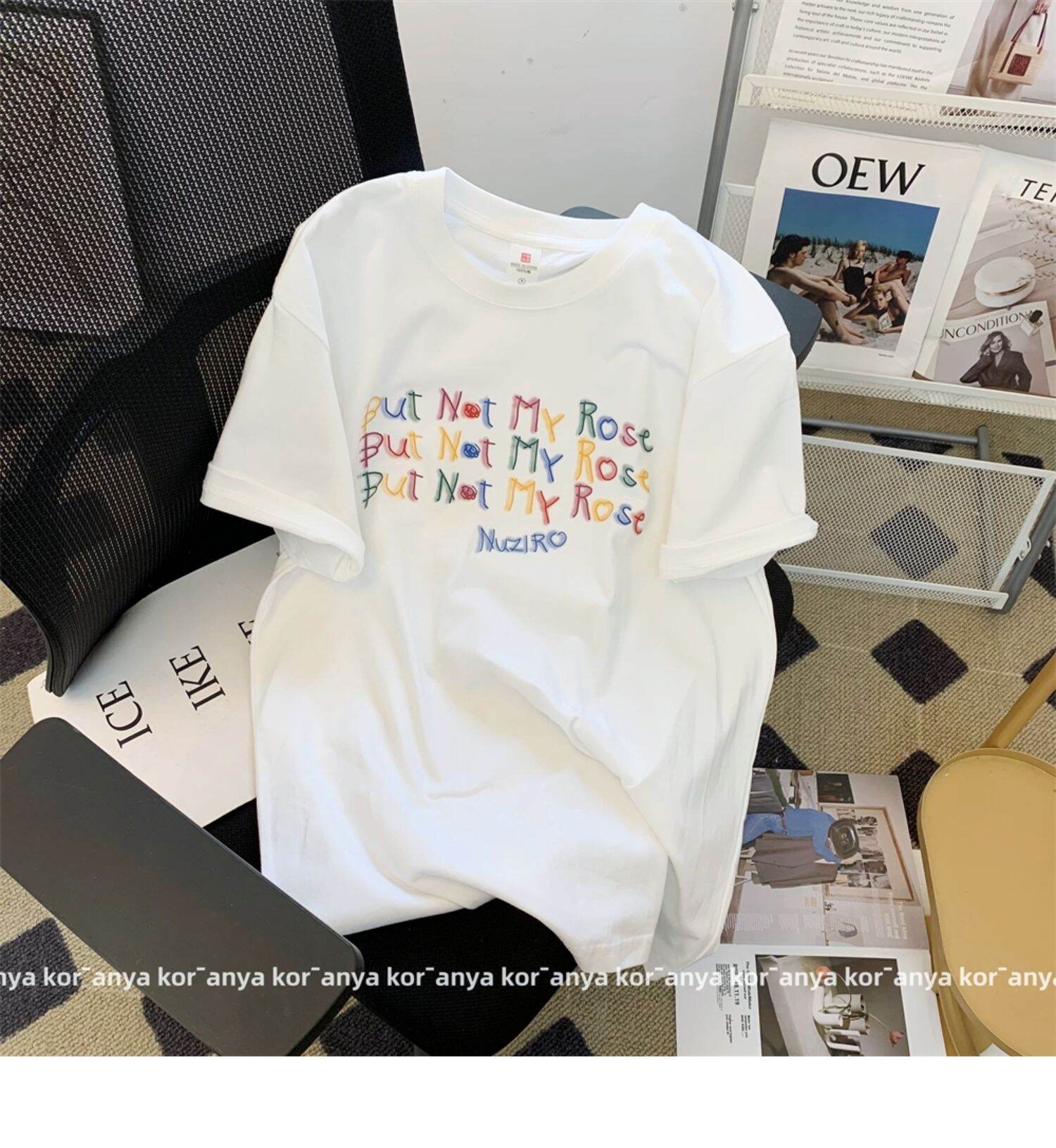 Kor-anya Colorful Letter Print White Short Sleeve Women's T-shirt Summer Loose Slimming Pure Cotton Half Sleeve Body Top · v2