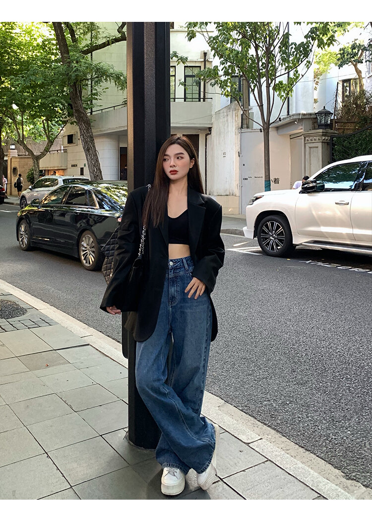 Chenmi Fan Blau Jeans mit hoher Taille und weitem Bein für Damen Herbst Neu Locker lässige gerade Hosen Hoch aussehende lange Hosen