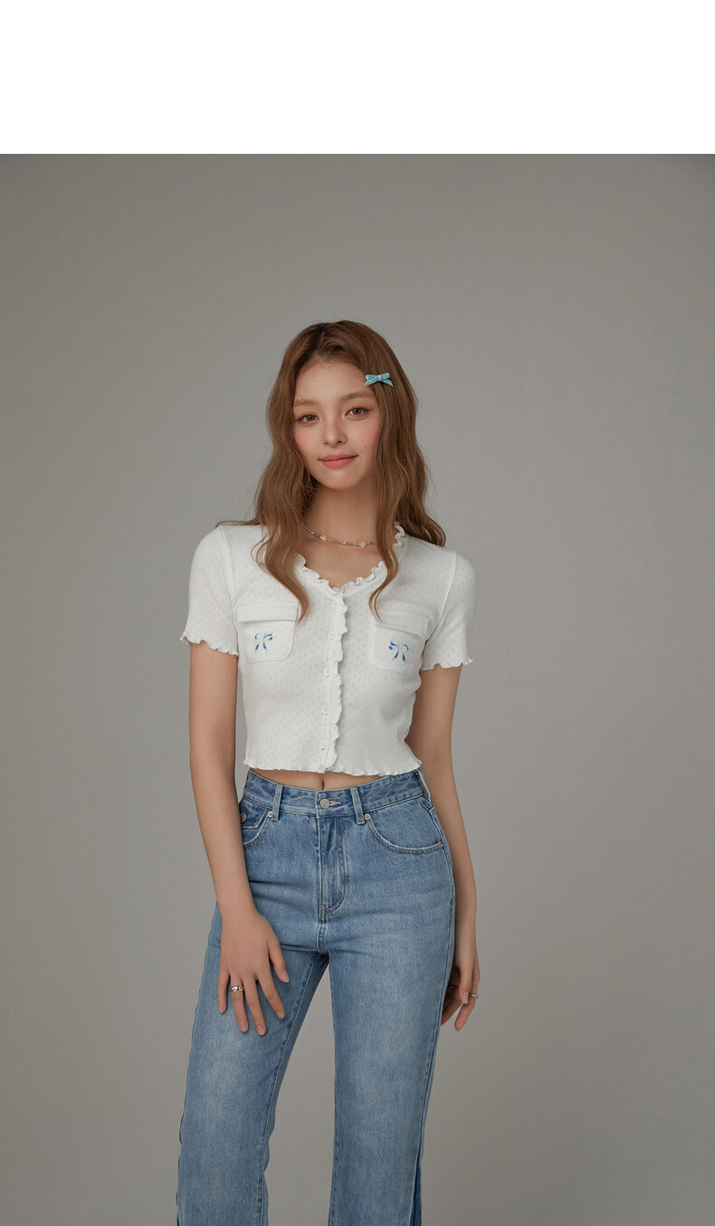Chuu Butterfly Knot Embroidery Short Sleeve T-Shirt Women's New Summer Spicy Hollow out Ear Short Top Korean Style Cotton V-neck