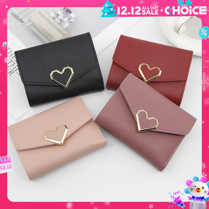 Mini Cute Short Wallet Metal Heart Small Wallet Coin Pocket Small Purse Bifold Women Wallet Mini, Women's Trendy Faux Leather Wallet With Multi Card Slots & Id Window