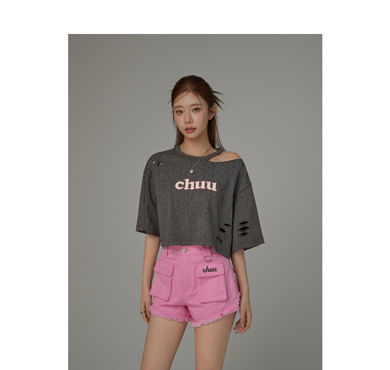 Chuu Letter Patch Embroidery Hole T-Shirt Women's Summer New Basic School Hollow out Shoulder Loose Top Asymmetrical Korean Style Cotton Polyester · v2