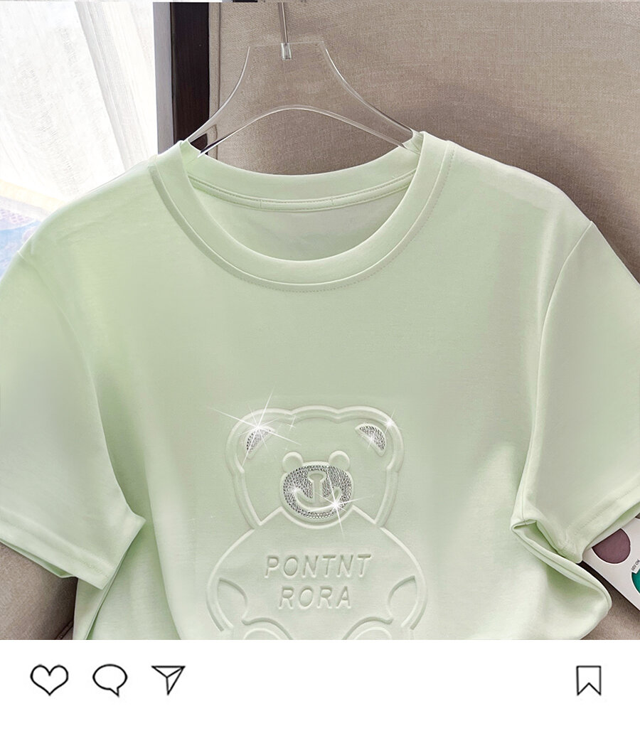Summer New Pure Cotton Short Sleeve T-Shirt Women's Cartoon 3D Bear Heavy-duty Rhinestone Loose Half Sleeve Simple Trendy