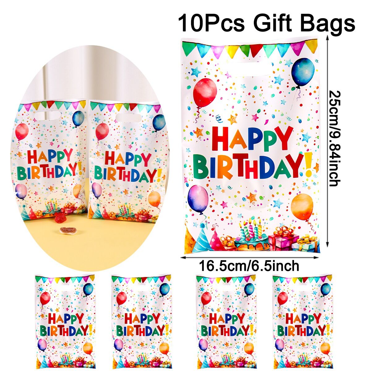 10/20/50Pcs Happy Birthday Gift Bags Plastic Party Favor Bags with Star Balloon for Adult Birthday Party Kitchen Home Party