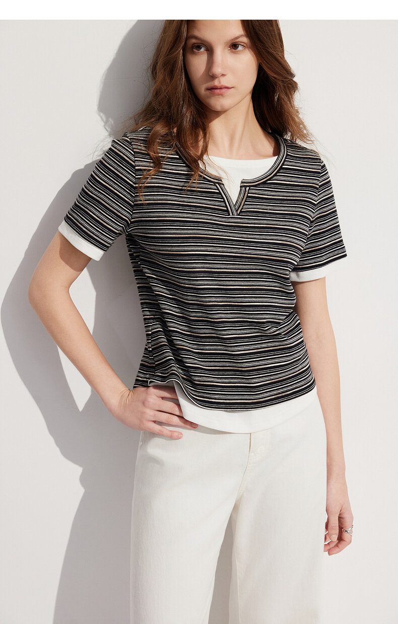 ELLE French Design Splice Color Striped Short Sleeve T-shirt for Women Simple Casual Summer 2024 New Arrival