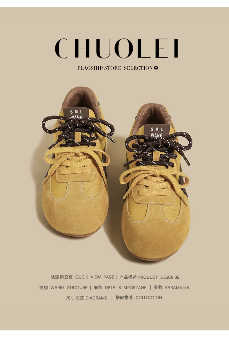Sepatu Wanita Sporty Bertali Gesper Kuning Mustard Jelek Lucu Kepala Besar Roti Sepatu Olahraga Kasual Tren Mode Musim Semi 2025