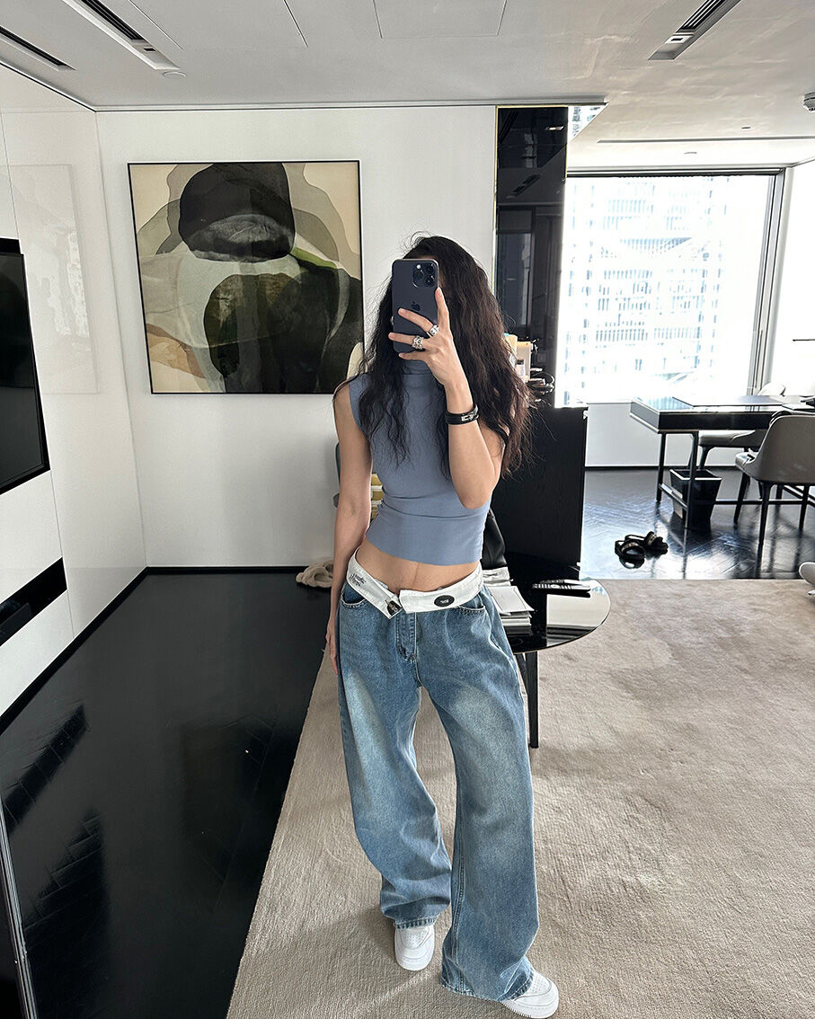 DQSTORE Jeanshose für Damen mit hoher Taille und weitem Bein, hellfarbiges Baumwollmaterial, Frühlings- und Sommersaison, ideal für Geburtstagsfeiern von 18-24