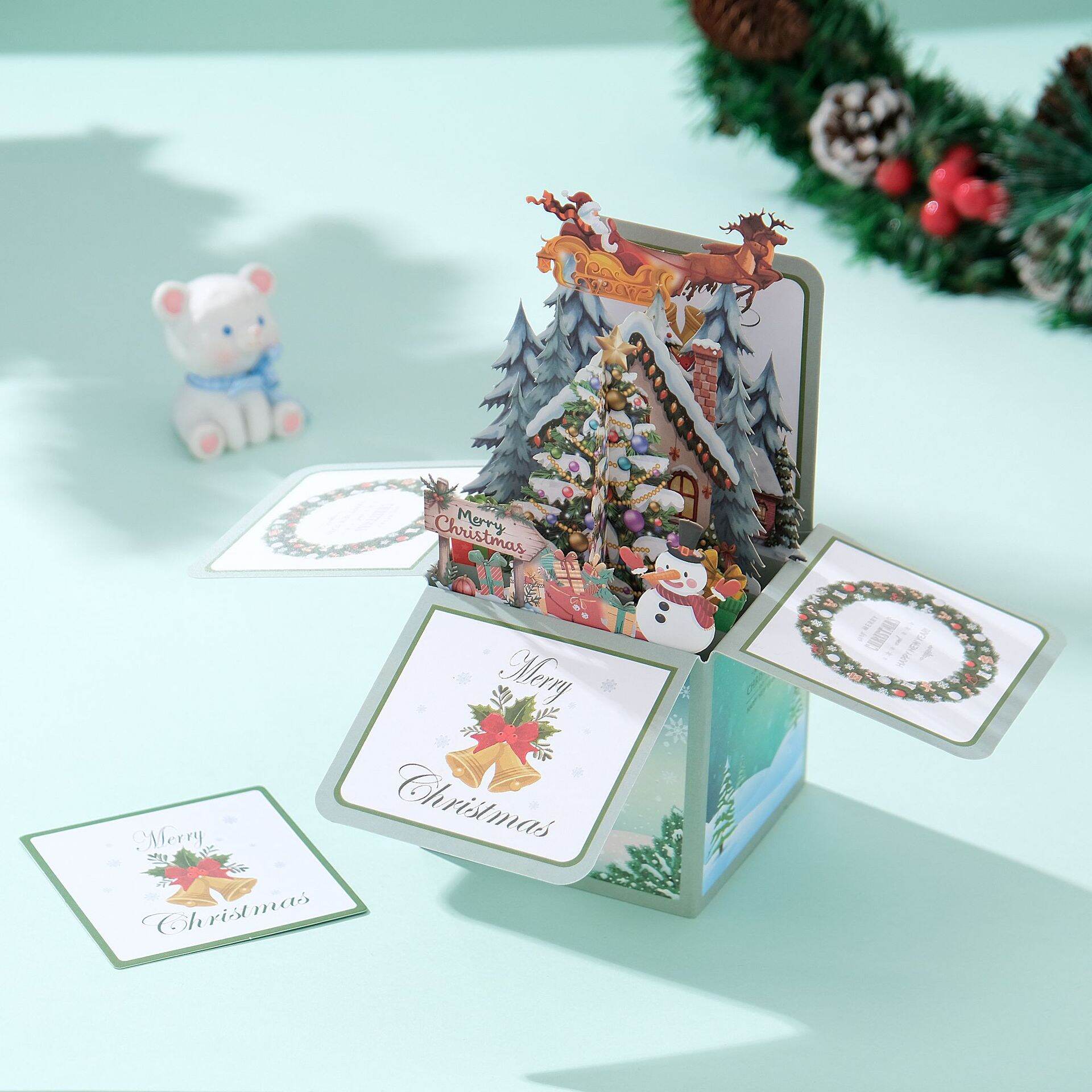 Creative Multicolor Christmas 3D Greeting Card Paper with Envelope Merry Christmas Postcard Pop Up Ornaments Blessing Cards Gift