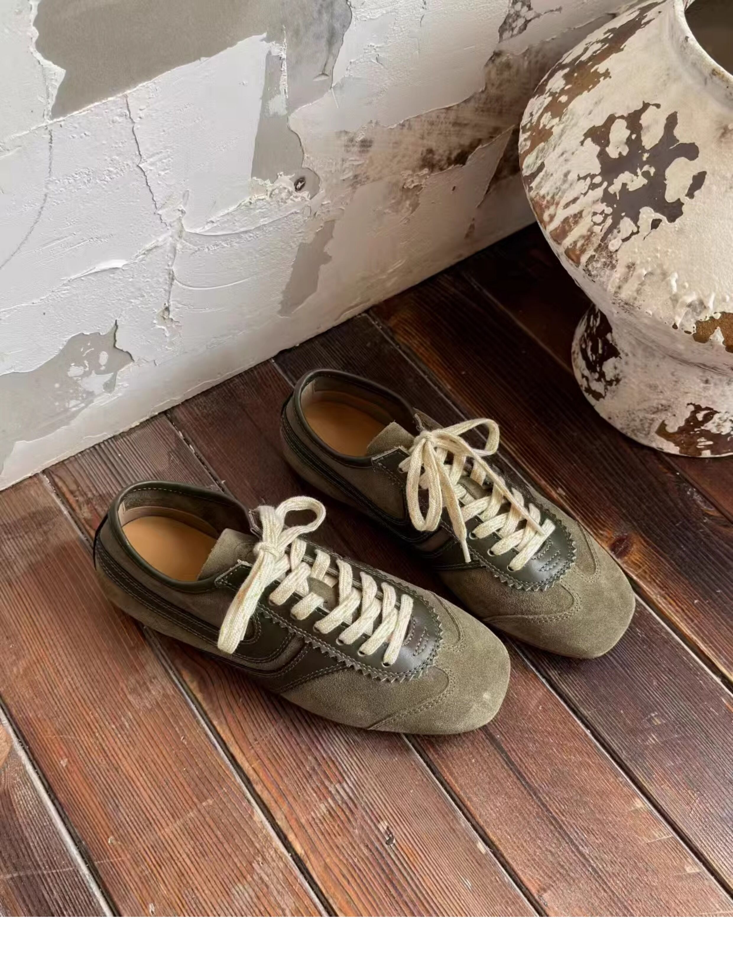 Olive Green Agam Shoes Deqin Casual Sneakers Women's Flat Bottom Sports Shoes Easy to Wear Comfortable Leather Interior · v12