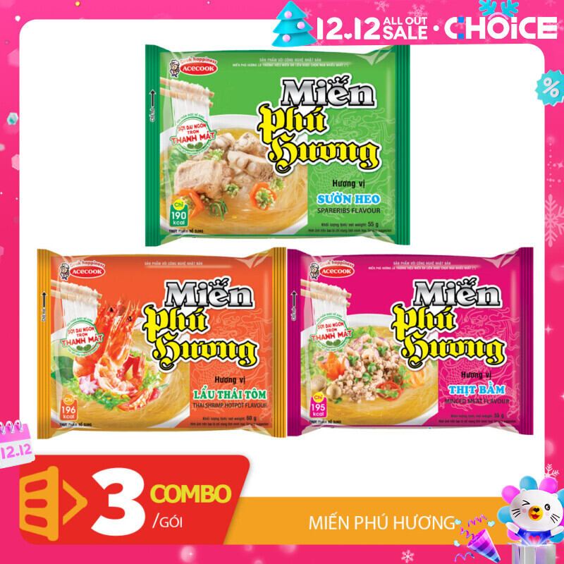 Combo 3 miến phú hương Acecook gói 53gr các vị và mix vị