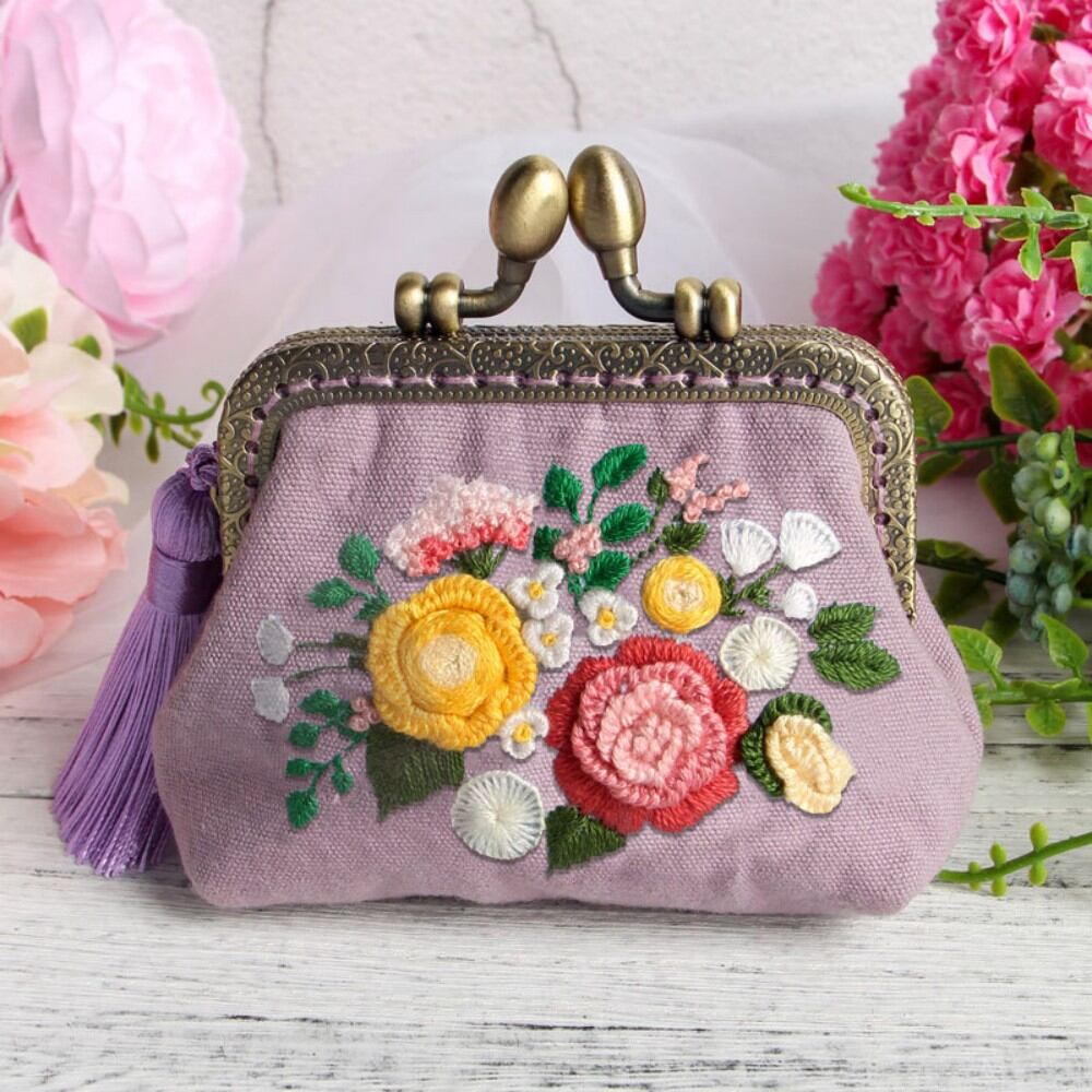 Embroidery DIY Ribbon Flowers Bags Purse Wallet Handbag Cross Stitch Kit for Beginner Needlework Sewing Arts Craft Friend Gifts