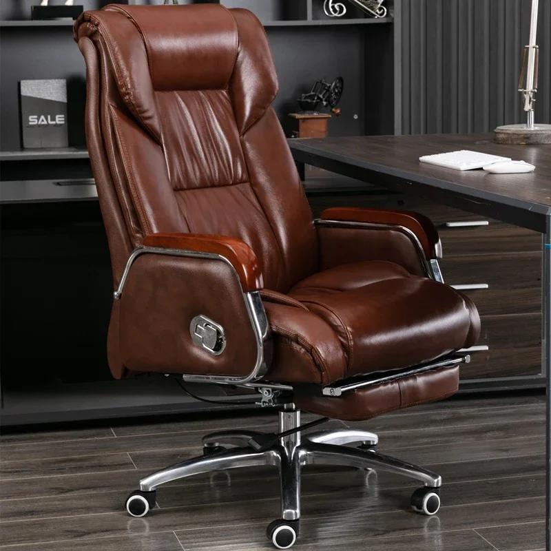 Computer Chair Home Comfortable Lunch Break Chair Reclinable Massage Office Chair Genuine Leather Executive Chair Lifting Swivel Backrest Chair