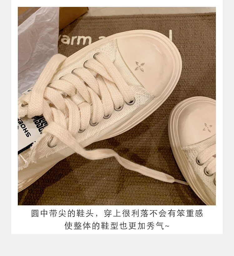 Women's Low Top round Toe Laced Canvas Shoes Thick Bottom Cross Pattern White Sneakers Worn in Dirty Looking Shoes · v11