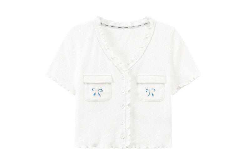 Chuu Butterfly Knot Embroidery Short Sleeve T-Shirt Women's New Summer Spicy Hollow out Ear Short Top Korean Style Cotton V-neck