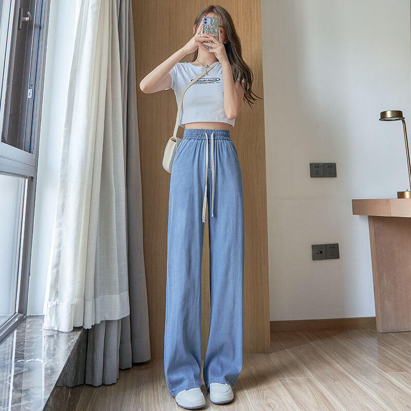 Summer Lightweight Casual Straight Leg Wide Leg Pants Women's Jeanswest Lyocell Tencel Denim Skinnies High Waist Long Trousers. 