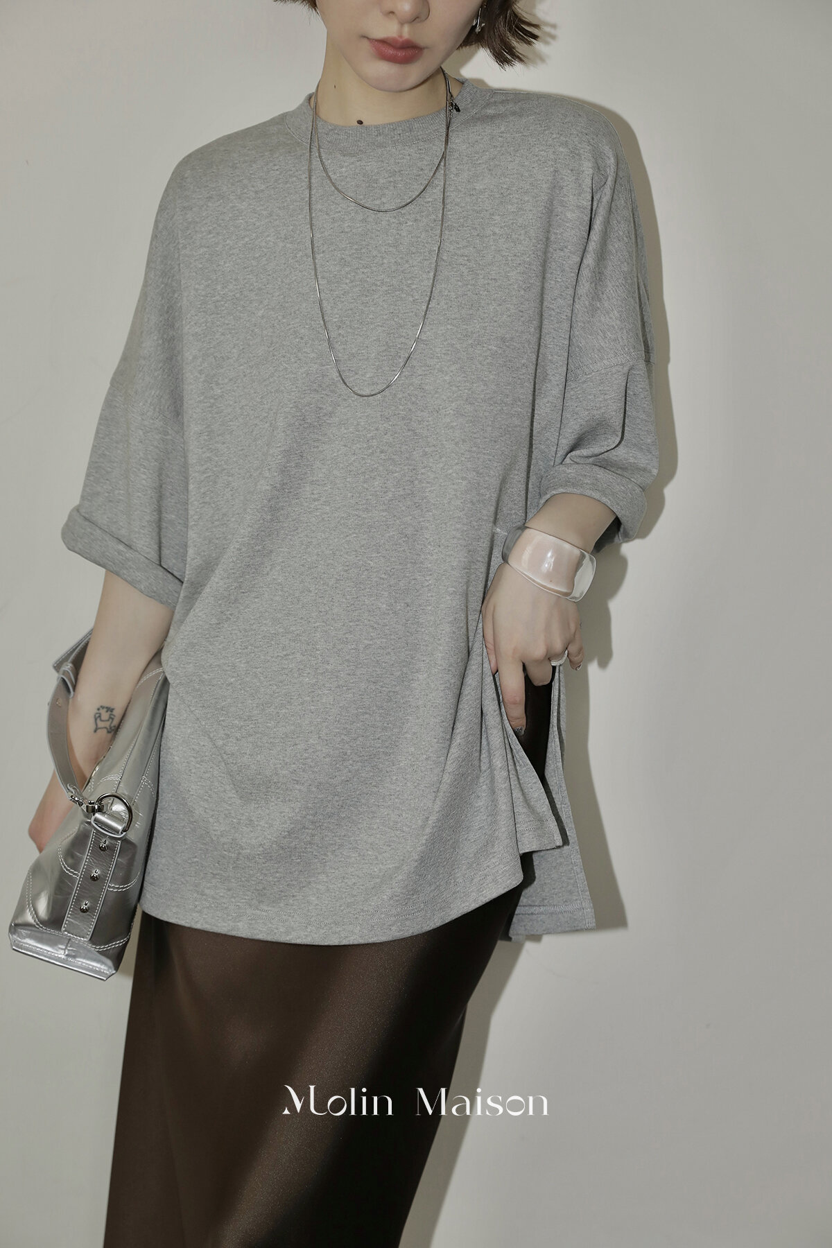 Molin ROW Batwing Sleeve T-Shirt Women's Loose Side Slit Oversize Summer Short Sleeve Cotton Polyester Blend round Neck Top