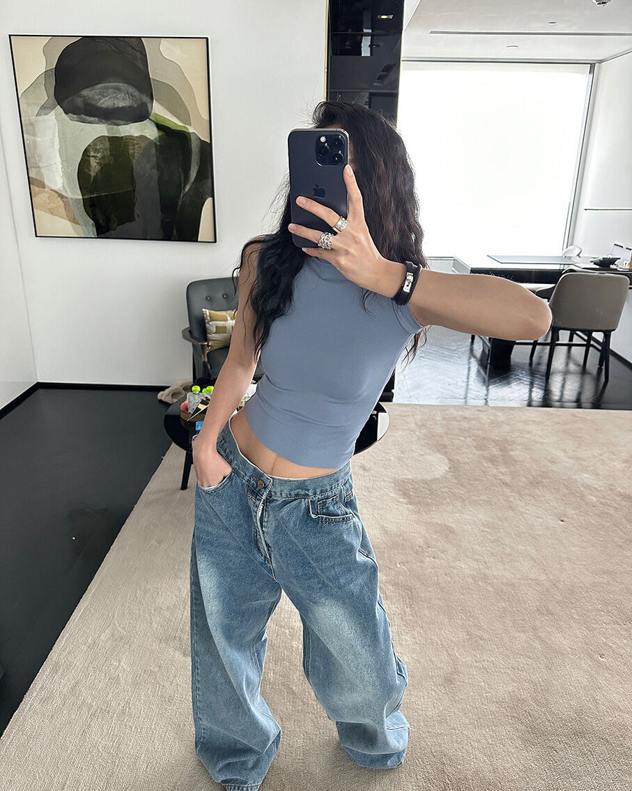 DQSTORE Jeanshose für Damen mit hoher Taille und weitem Bein, hellfarbiges Baumwollmaterial, Frühlings- und Sommersaison, ideal für Geburtstagsfeiern von 18-24