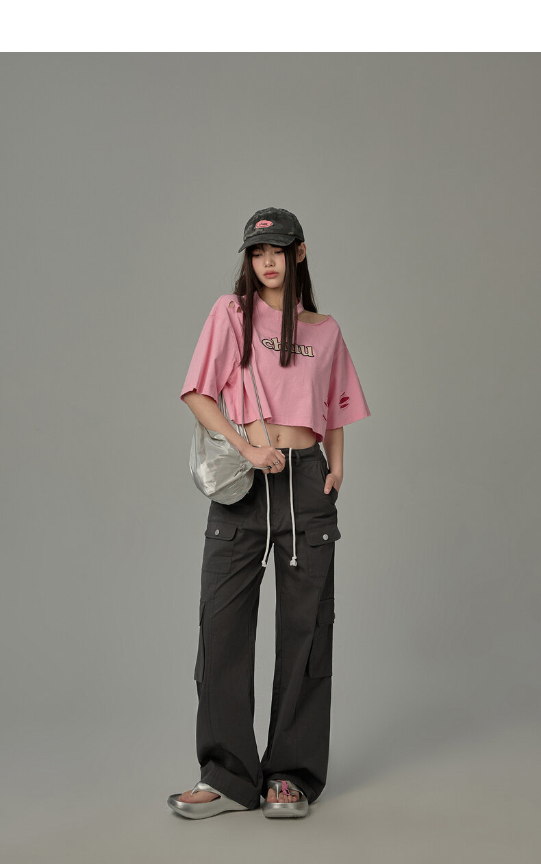 Chuu Letter Patch Embroidery Hole T-Shirt Women's Summer New Basic School Hollow out Shoulder Loose Top Asymmetrical Korean Style Cotton Polyester · v2