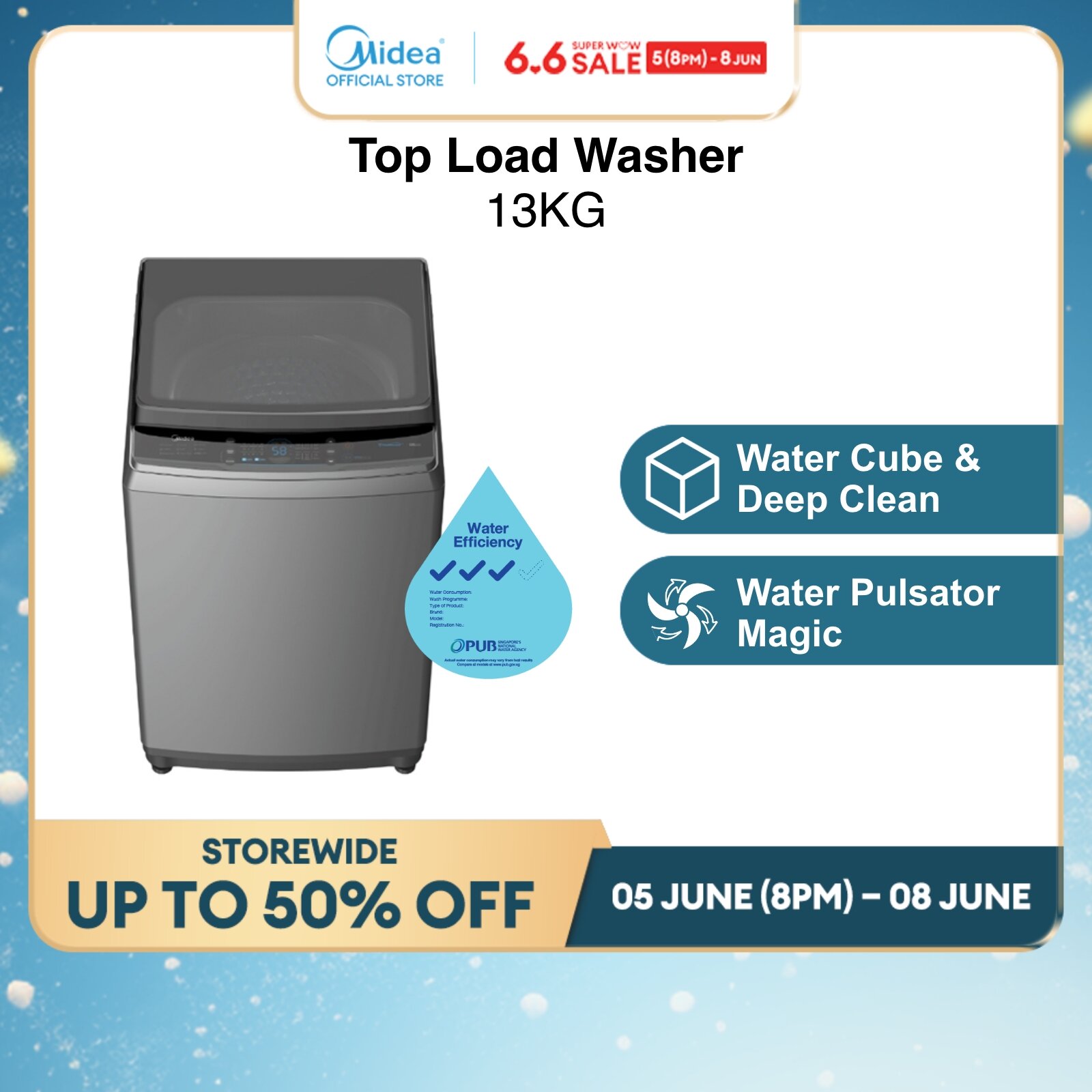 Midea MA200W130D Grey Top Load Washing Machine, 13kg, Water Efficiency 3 Ticks