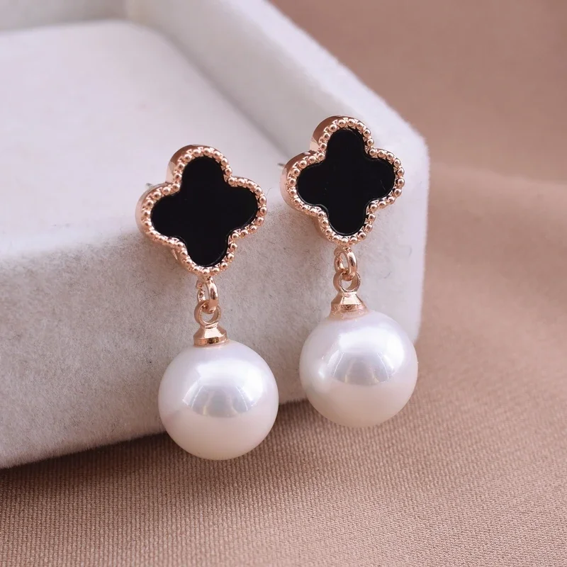 Earrings Women's Sterling Silver Clover Petite Earrings Elegant Korean Chanel Style Rose Gold Pearl Earrings 2020 New