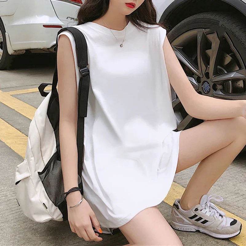 Summer 2021 New Pure Cotton Loose Sleeveless T-shirt Women's All-Match Top Student Mid-Length Outerwear Vest Women's Fashion