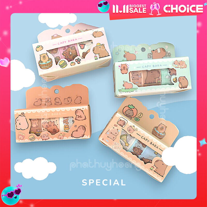 Hộp 4 cuộn sticker hoạt hình washi tape Capybara cực cute dễ thương  Sticker capybara  chuột lang nư