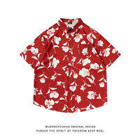 Floral Print Red Mens Casual Shirt Short Sleeve