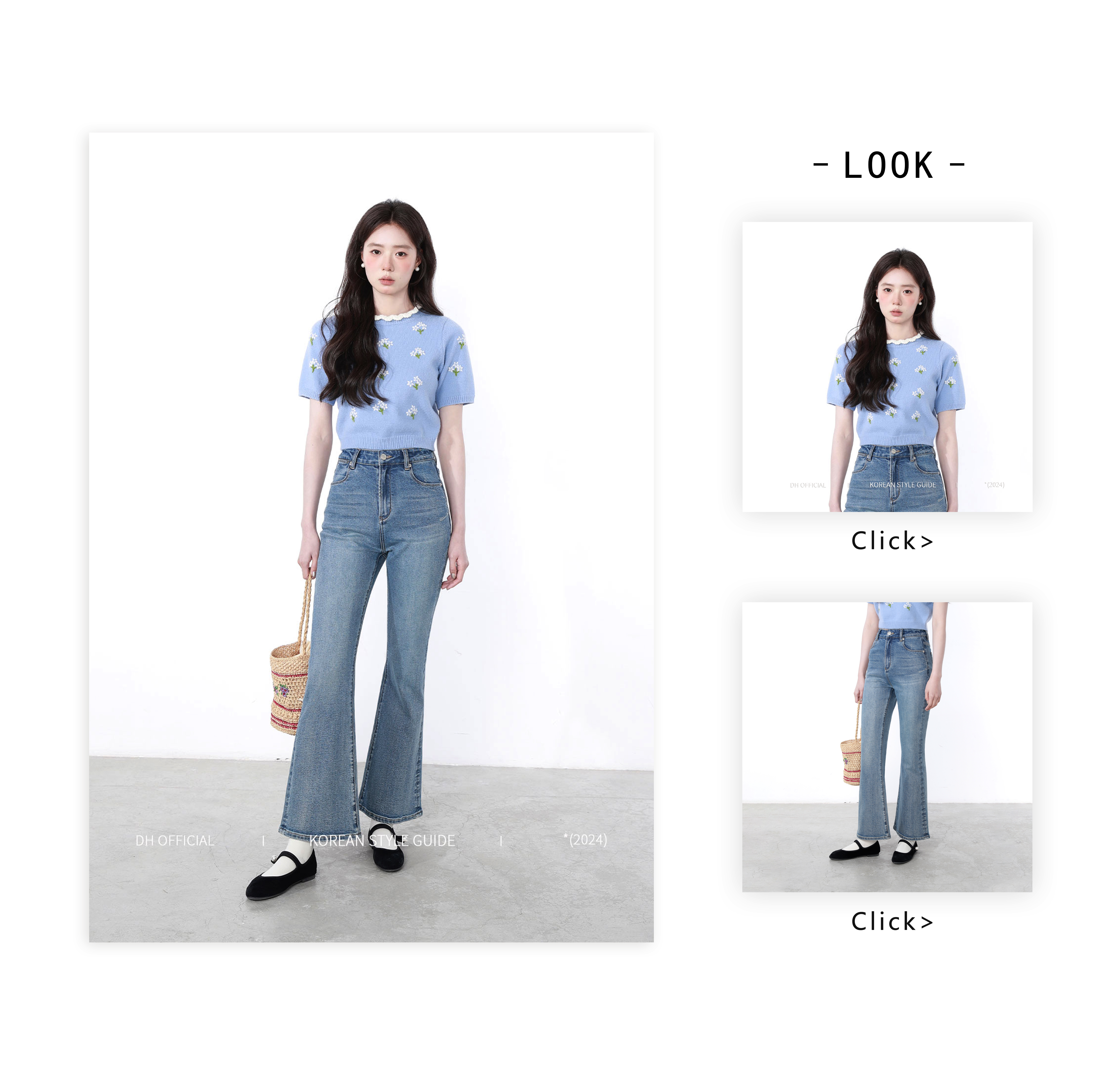 High Waist Flared Jeans Women's Spring Blue Cotton Stretch Denim Floral Print Supermodel Pants Straight Leg Trousers · v2