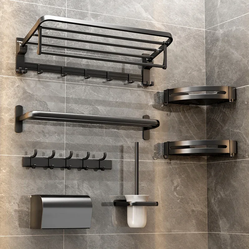 Aluminum Towel Rack Punch-Free Toilet Rack Wall-Mounted Bathroom Bath Towels Toilet Pendant Wall-Mounted Shelf Rod