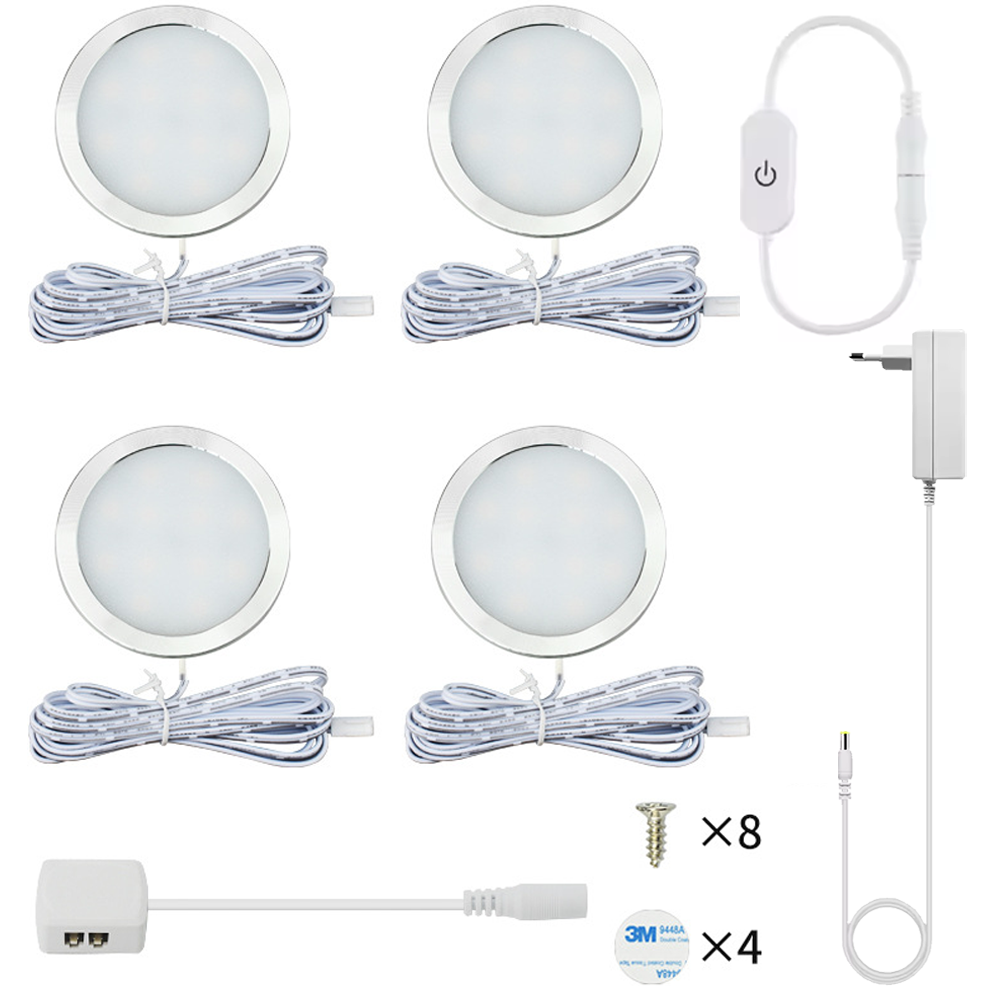 12V Round LED Under Cabinet Lamp Penetrable Touch Light Switch Dimmable LED Under Cabinet Kitchen Wardrobe Bedroom Night Lamp