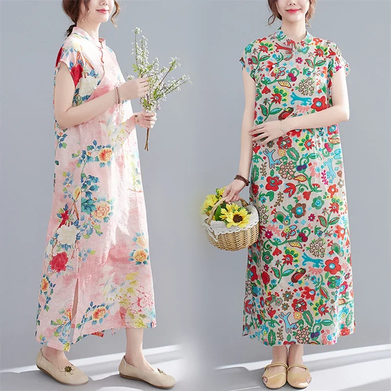 Thin Floral Cotton Linen Slimming Dress Vintage Oblique Placket Improved Cheongsam High Women's Summer Linen Dress Straight Skirt