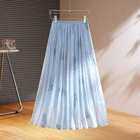 XUEFULING | Beautiful Blue Netted Embroidery Lustrous A-Line Skirt