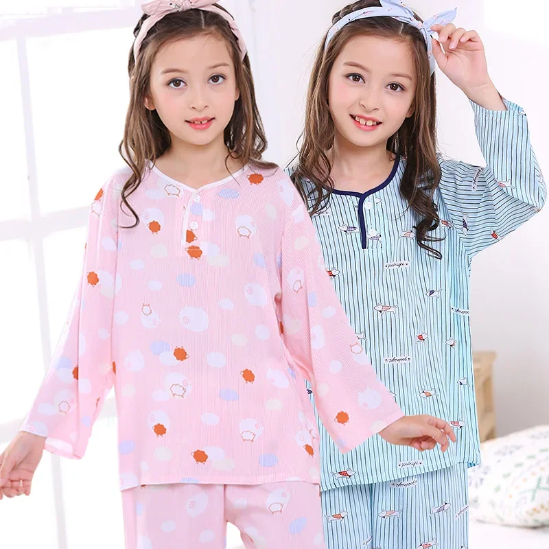 Summer Cotton Silk for Children and Kids Pajamas Set Boys and Girls Cotton Silk Long Sleeve Thin Air Conditioning Clothes Homewear Baby