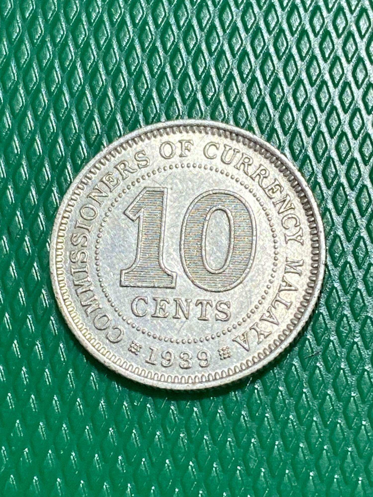 1939 Malaya 10 Cents Silver Coin