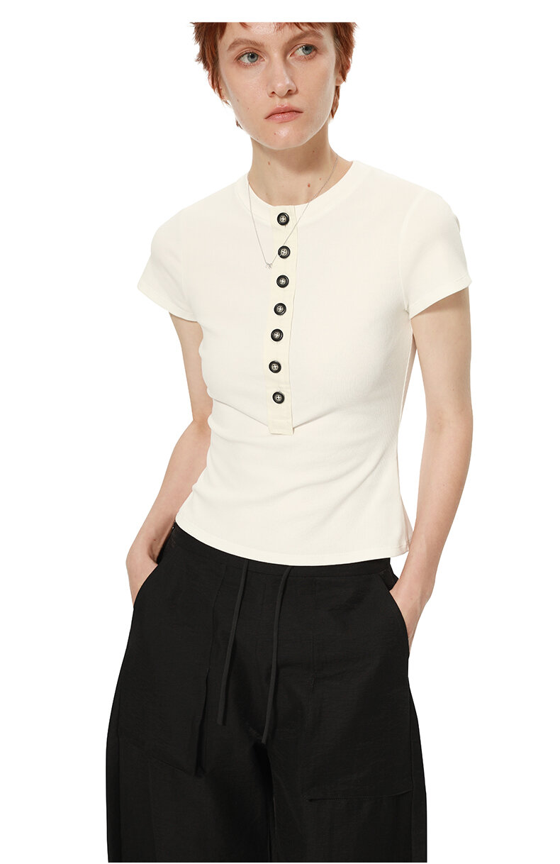 TROU NOIR Spring Summer New Style Women's Slim Fit White T-Shirt Henry Collar Short Sleeve Base Shirt round Neck Commute Simple · v3