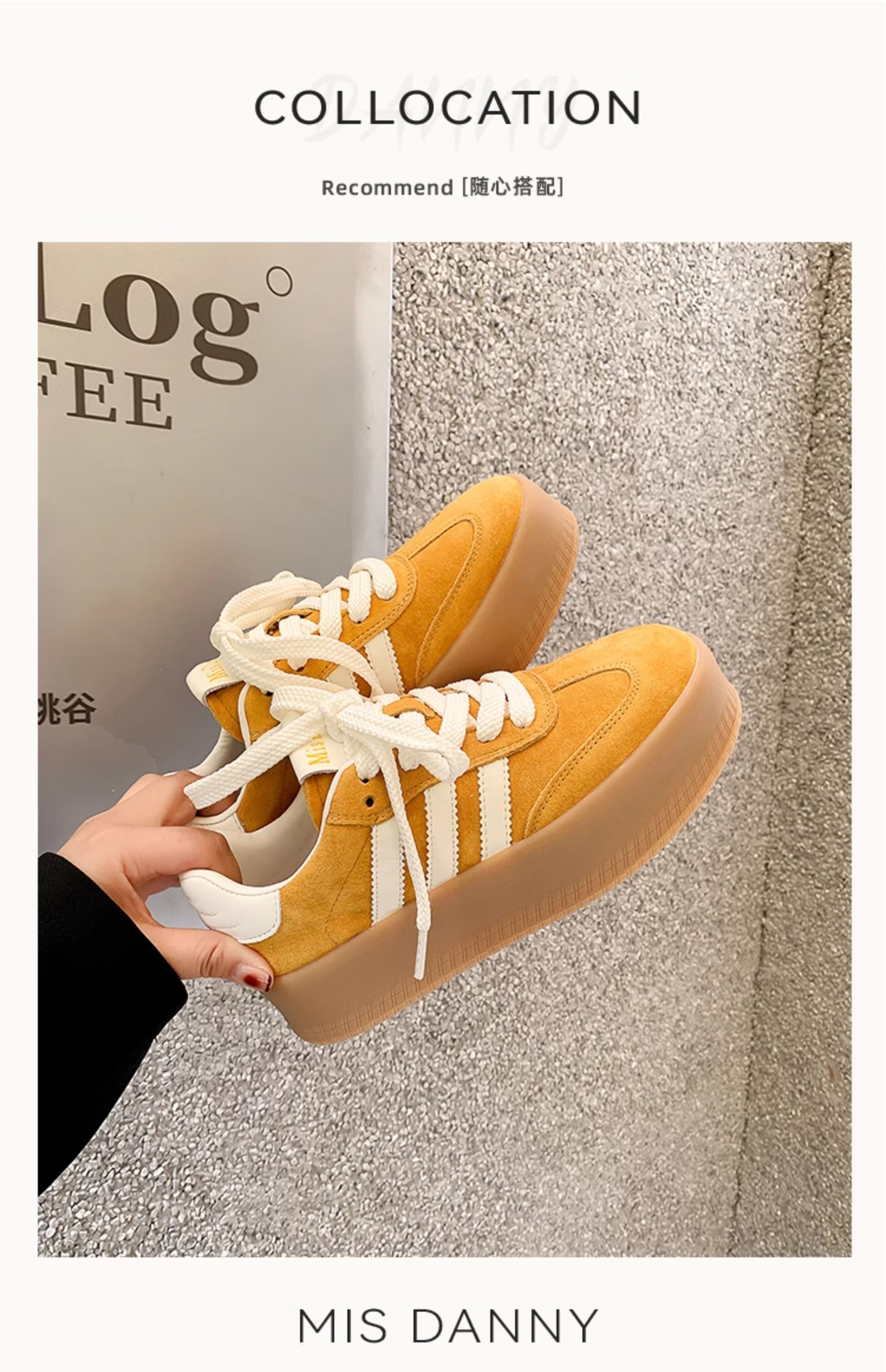 Yellow Genuine Leather Thick Bottom Deqin Shoes Women's Spring Style Casual All-Match Flat Heel Comfortable Sports Sneakers · v7