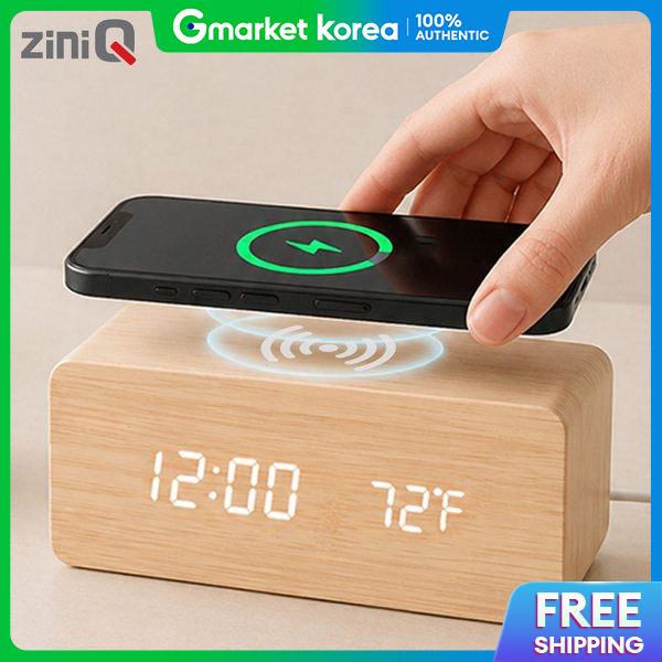 UNICORN | Jiniq Smart Wireless Charging Led Wood Digital Silent Electronic Clock with Temperature and Alarm