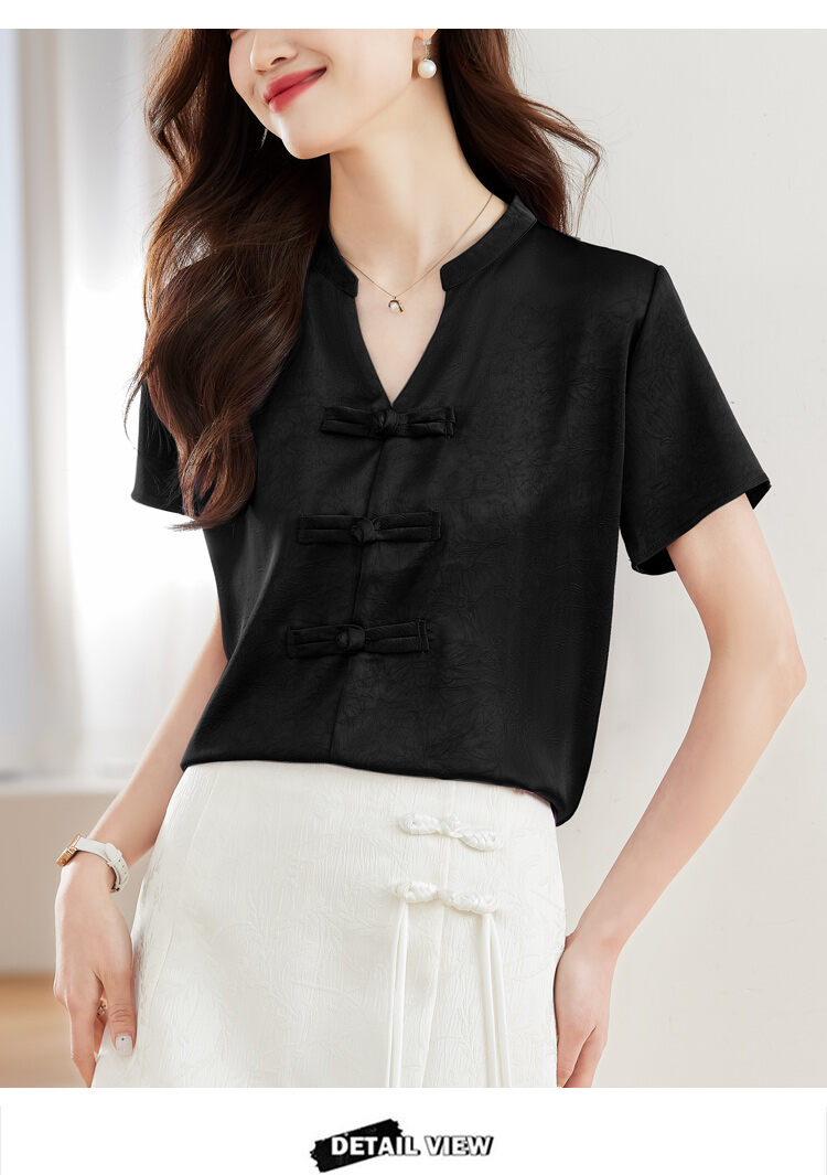 New Chinese Style Short Sleeve Shirt Women Summer 2025 New Fashion Black Embroidered Top Ladies Small Shirt Upper Body