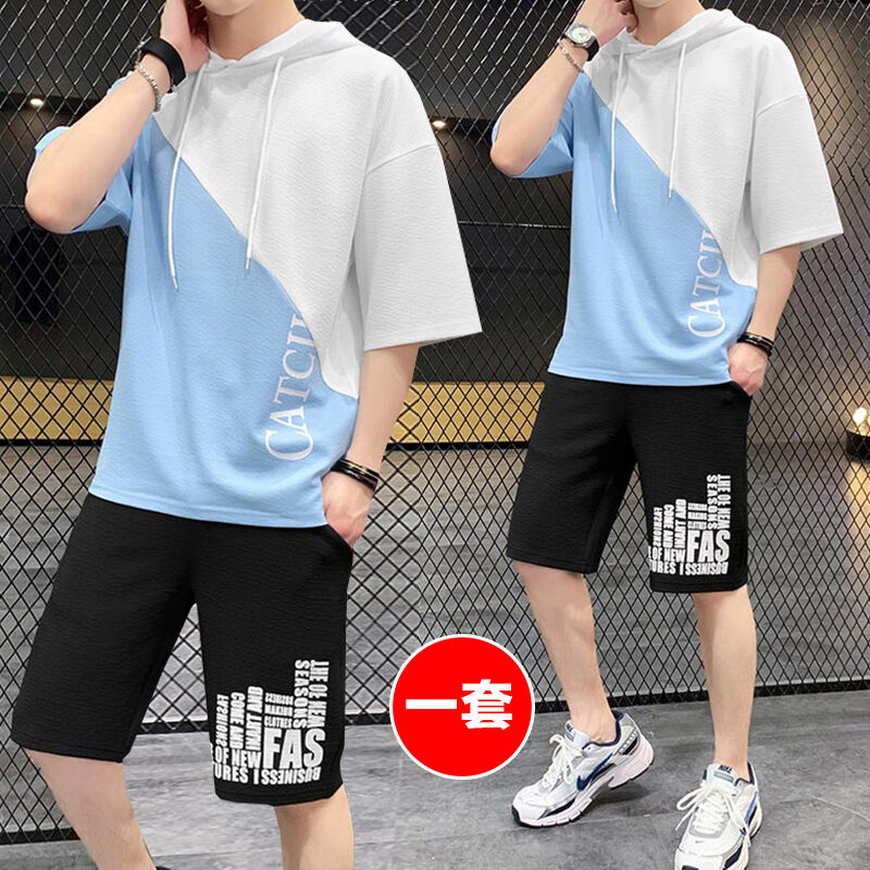 Short-Sleeved Suit Men's Korean-Style Fashionable Summer Thin Student Matching Fifth Pants Set Casual Sports Clothes Men's Clothing